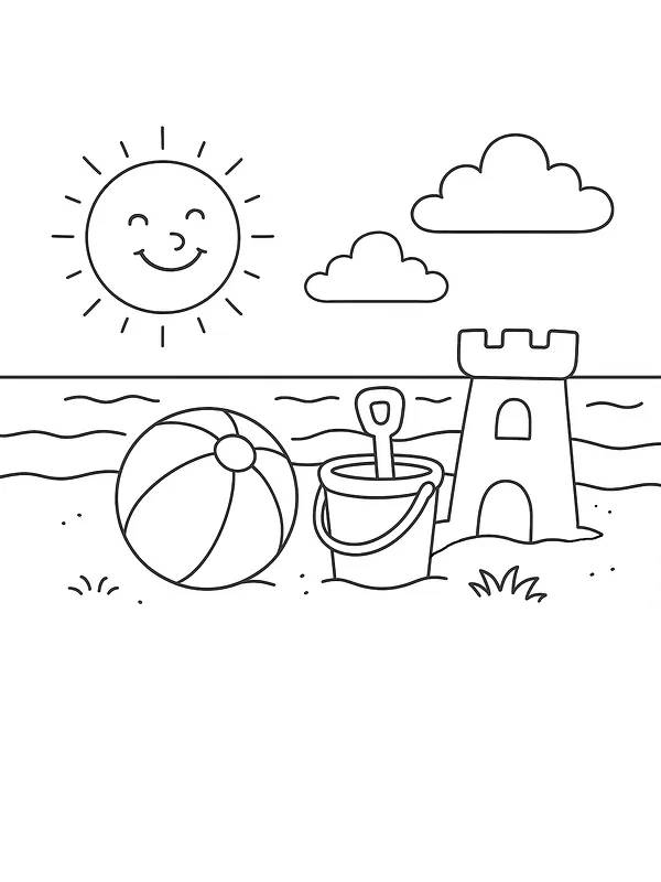 Strandscene med sol, ball og sandslott, underkategori