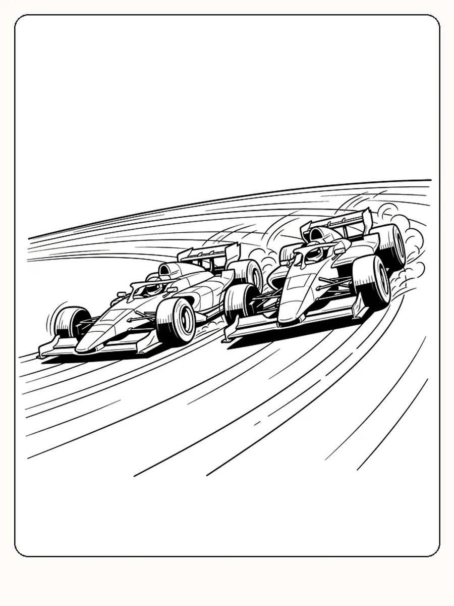Tegning til farvelægning af to racerbiler i et spændende løb, klar til print
