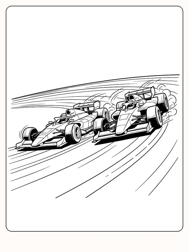 Tegning til farvelægning af to racerbiler i et spændende løb, klar til print