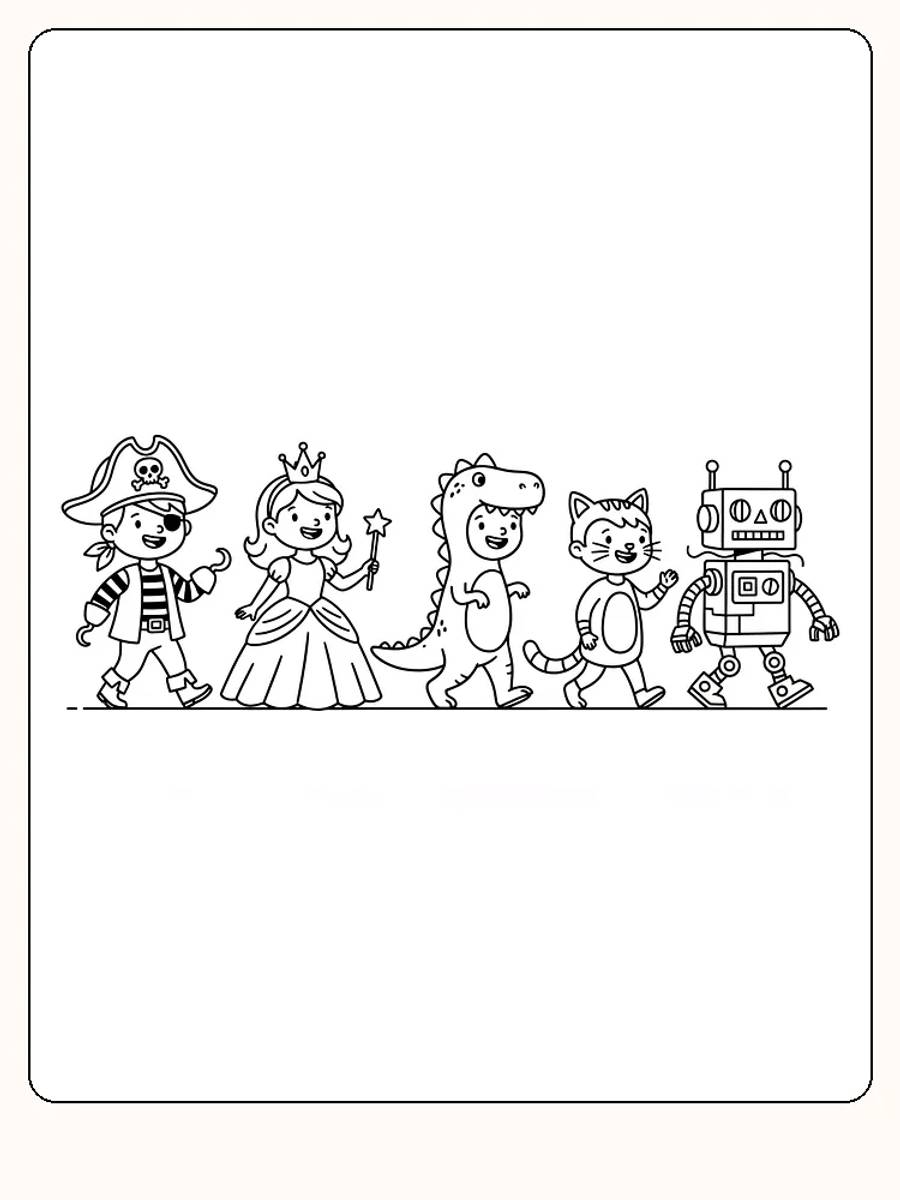 Fargelegging av barn utkledd som pirat, prinsesse, dinosaur, katt og robot, klar for utskrift