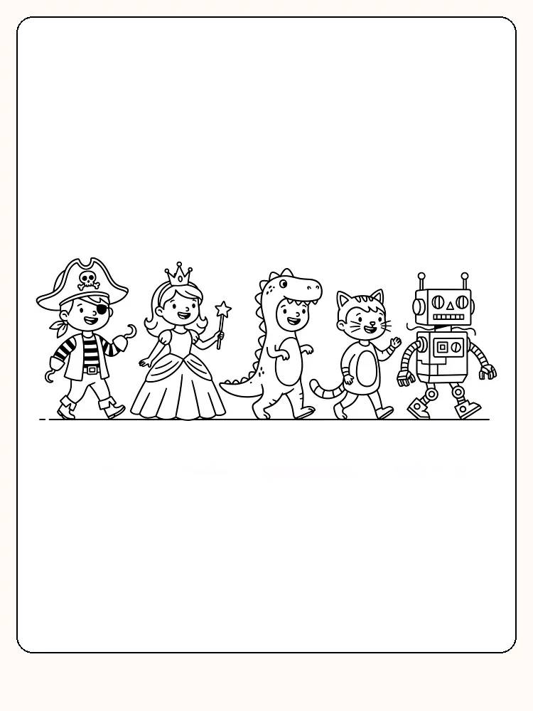 Fargelegging av barn utkledd som pirat, prinsesse, dinosaur, katt og robot, klar for utskrift