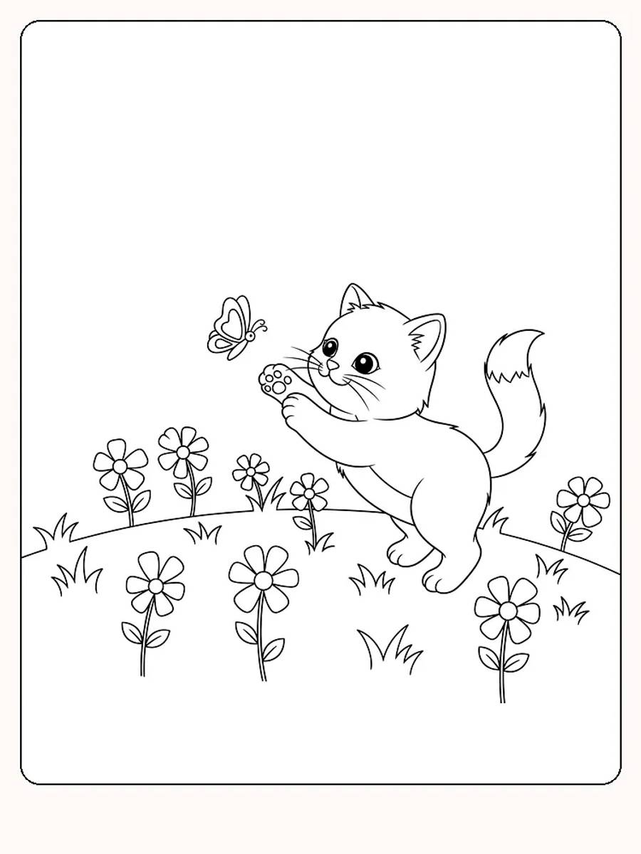Fargeleggingsbilde av katt som leker med en sommerfugl blant blomster