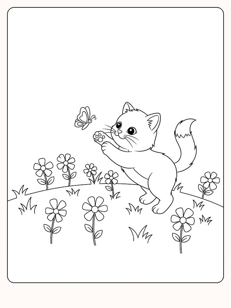 Fargeleggingsbilde av katt som leker med en sommerfugl blant blomster