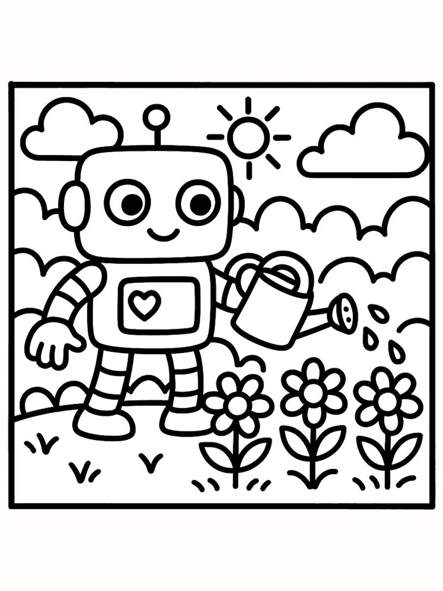 Fargeleggingstegning av en robot som vanner blomster i solskinn