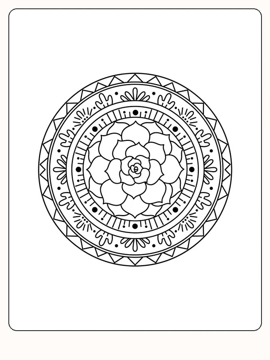 Intrikates Mandala mit Kreisen und Blumen zum Ausdrucken und Ausmalen