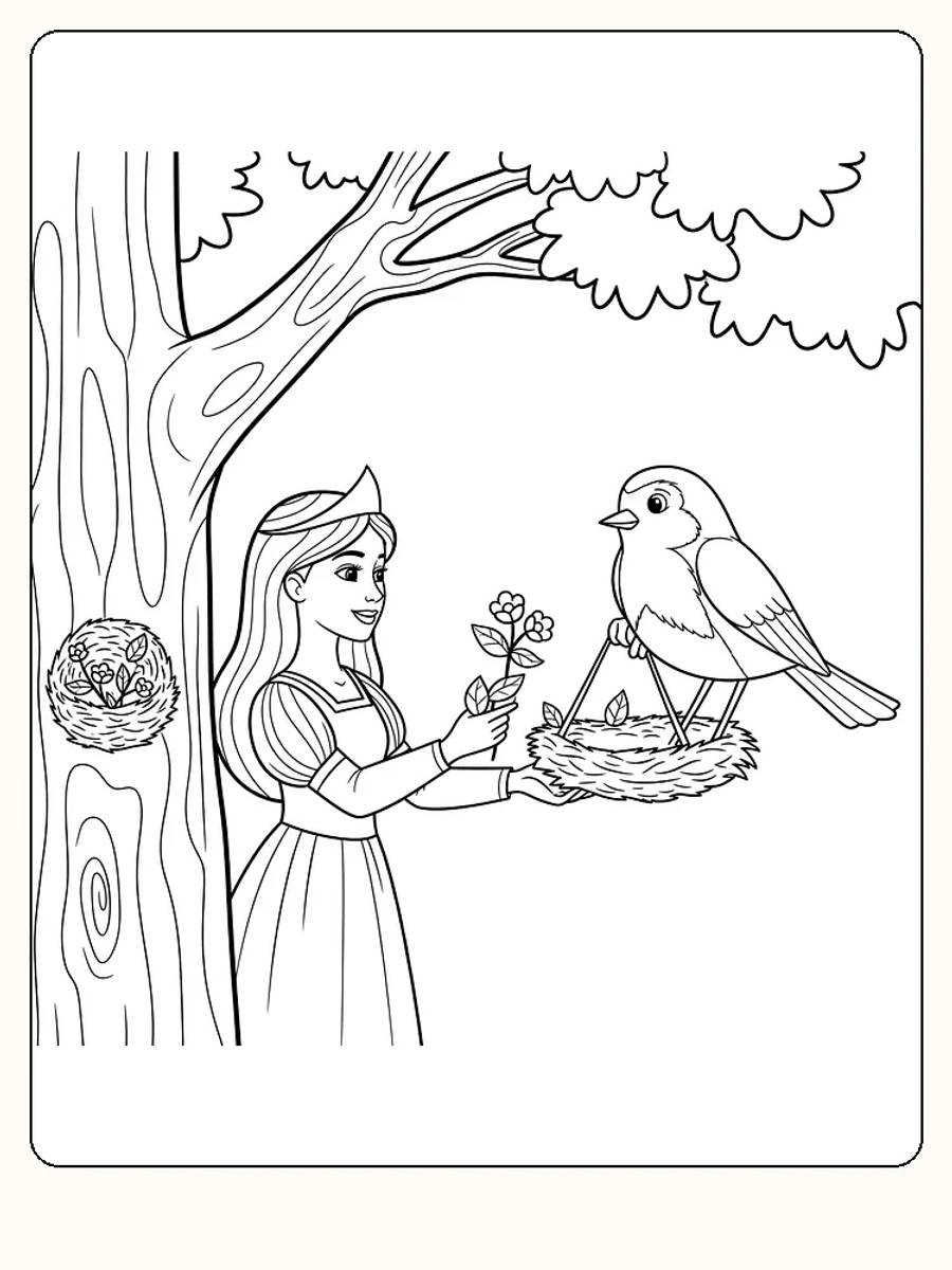 Tegning til farvelægning af en prinsesse, der giver blomster til en fugl i et træ