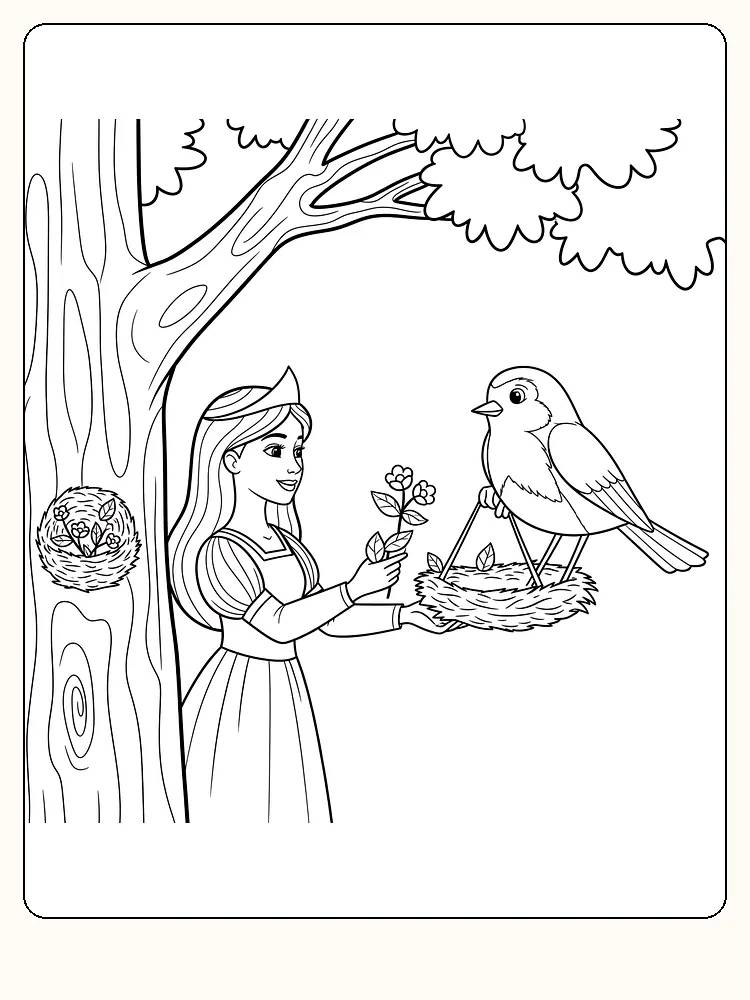 Tegning til farvelægning af en prinsesse, der giver blomster til en fugl i et træ