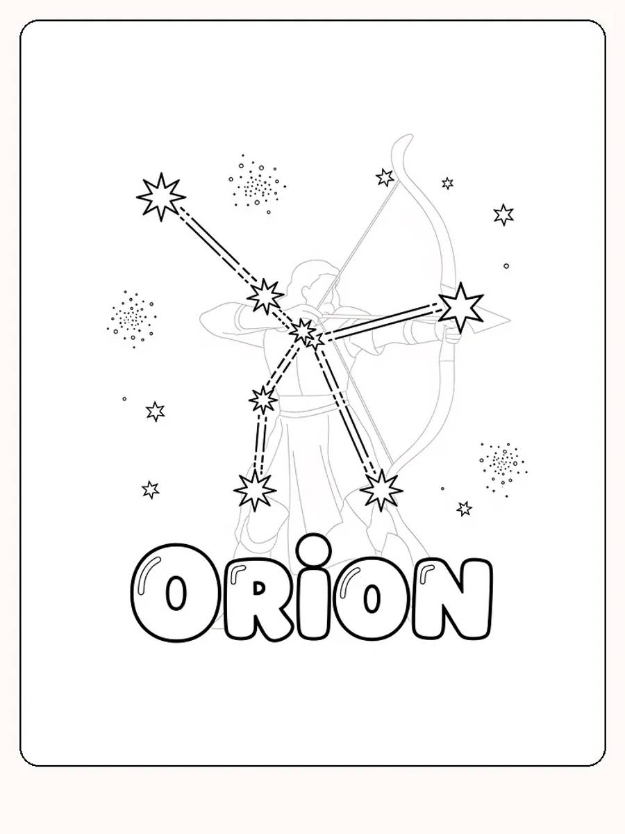 Fargeleggingsbilde av Orion-stjernebilde med bueskytterfigur og stjerner, perfekt for astronomiinteresserte