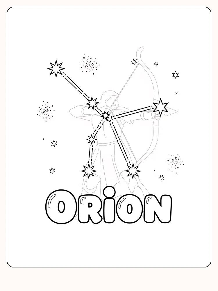 Fargeleggingsbilde av Orion-stjernebilde med bueskytterfigur og stjerner, perfekt for astronomiinteresserte