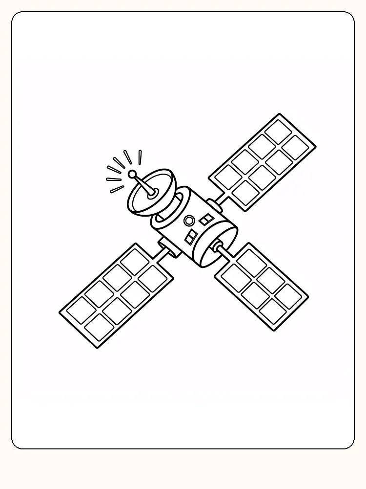 Tegning til farvelægning af en satellit med solcellepaneler, klar til print