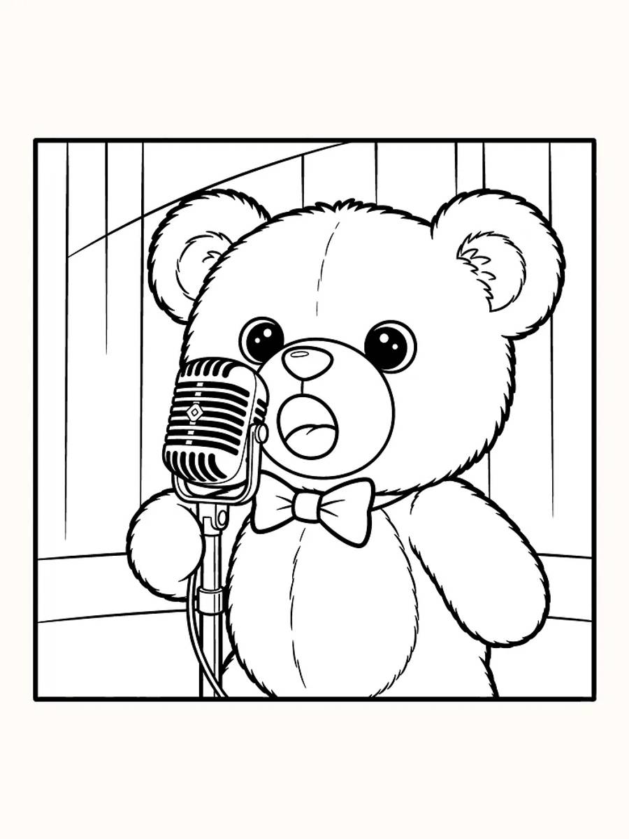 Ausmalbild eines Bären, der in ein Mikrofon singt, bereit zum Ausdrucken.