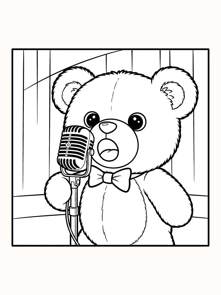 Ausmalbild eines Bären, der in ein Mikrofon singt, bereit zum Ausdrucken.