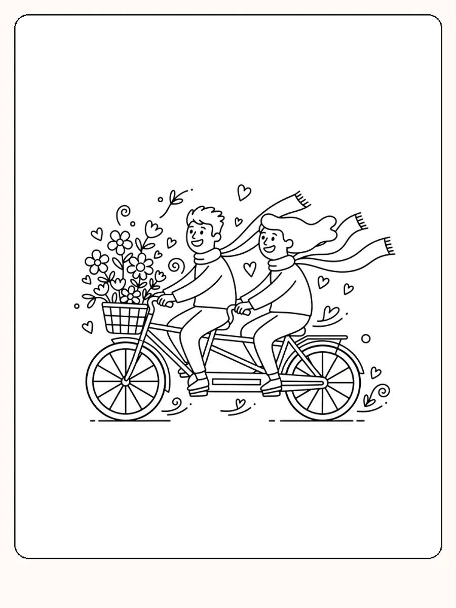 Fargeleggingstegning av et par som sykler med en blomsterkurv, klar for utskrift