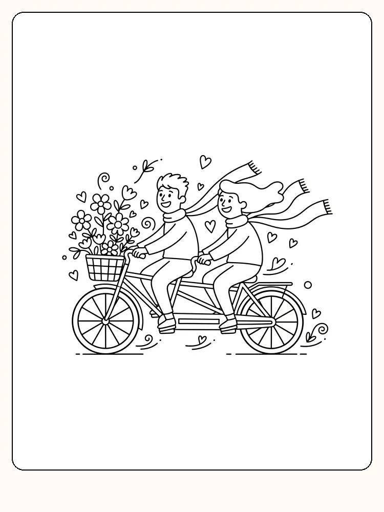 Fargeleggingstegning av et par som sykler med en blomsterkurv, klar for utskrift