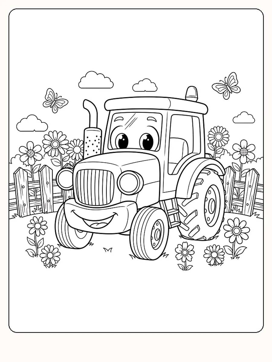 Fargeleggingstegning av en glad traktor omgitt av blomster og sommerfugler, klar for utskrift