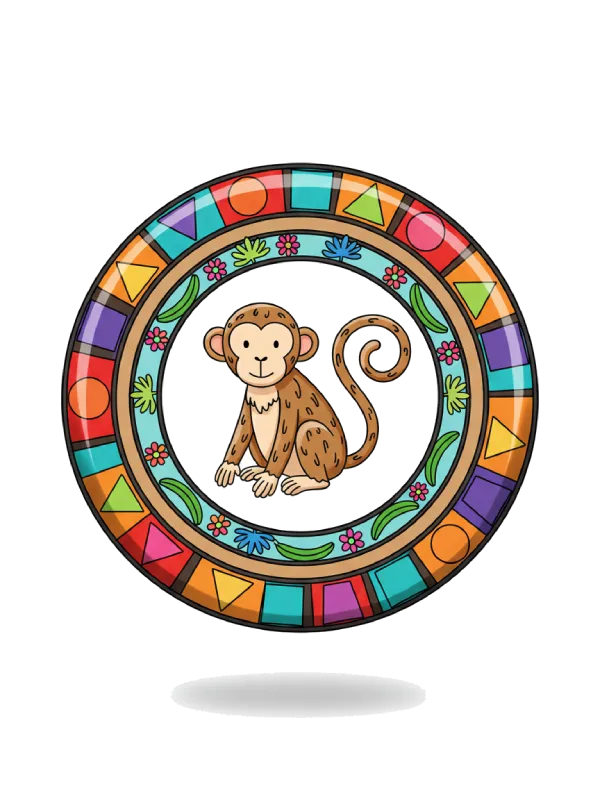 Mandala-Ausmalbild mit einem Affen in der Mitte und vielen verschiedenen Mustern drumherum.