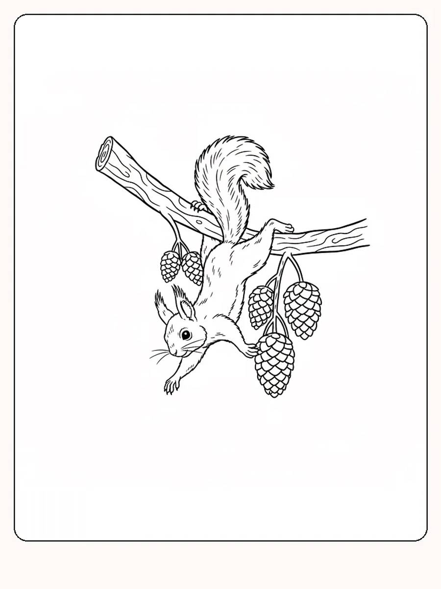 Tegning til farvelægning af et egern, der balancerer på en gren med kogler, klar til print