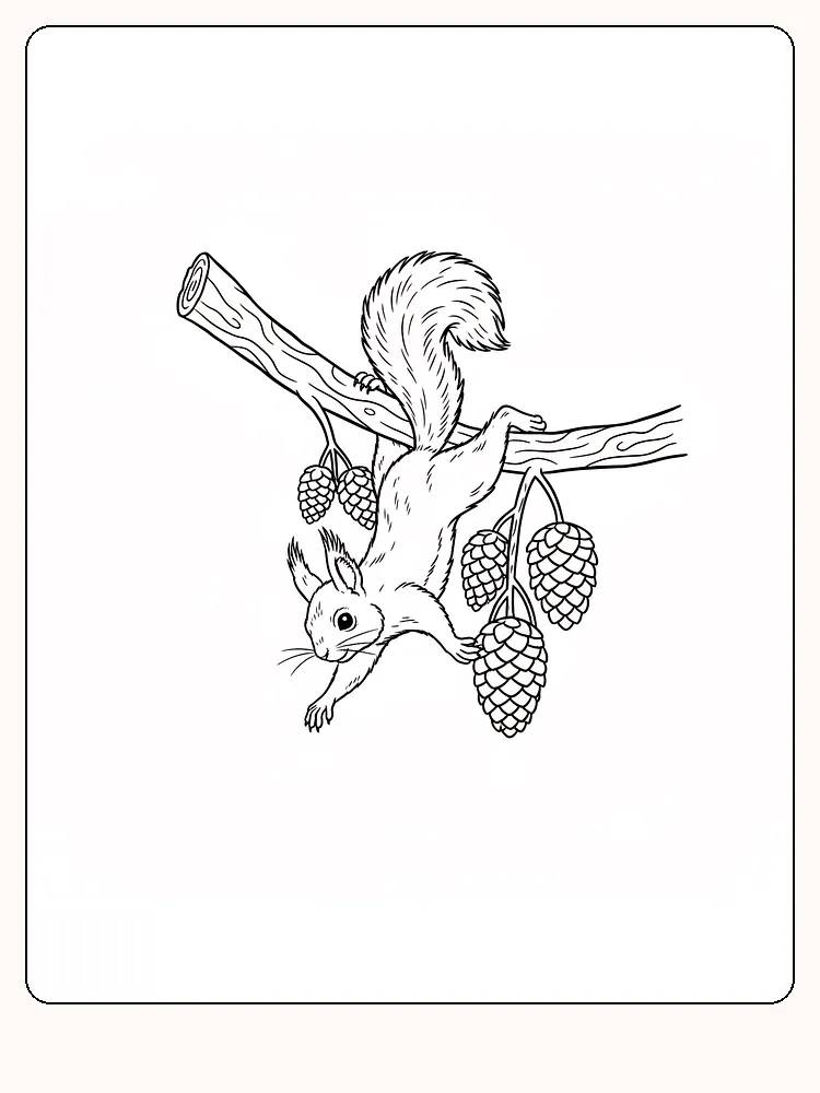 Tegning til farvelægning af et egern, der balancerer på en gren med kogler, klar til print