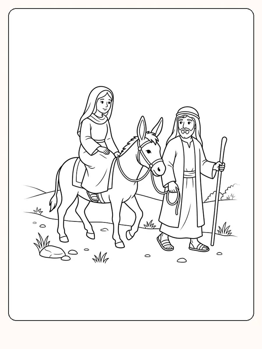 Maria sidder sidelæns på et æsel, mens Josef holder rebet, med bakker, buske og sten i juleevangeliet