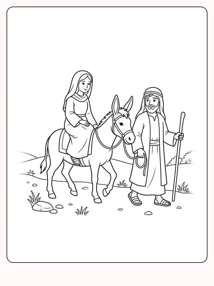 Maria sidder sidelæns på et æsel, mens Josef holder rebet, med bakker, buske og sten i juleevangeliet