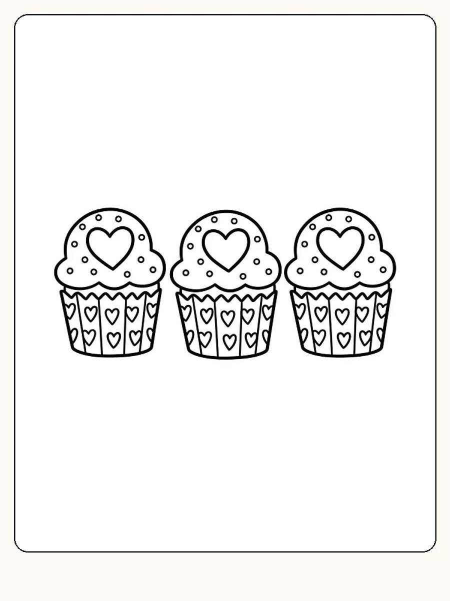 Fargeleggingsbilde av tre cupcakes med hjerter klar for utskrift