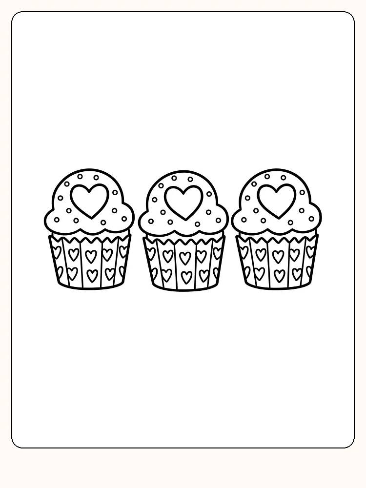Fargeleggingsbilde av tre cupcakes med hjerter klar for utskrift