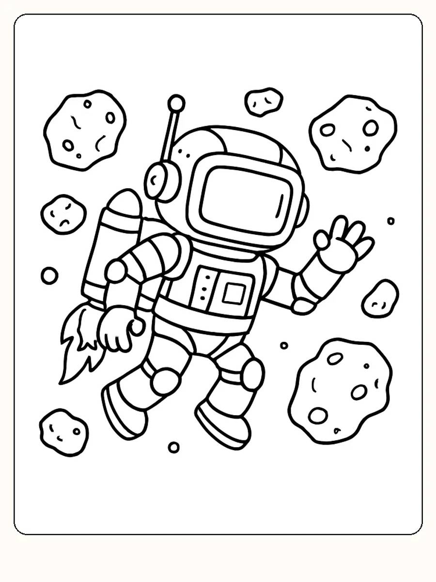 Tegning til farvelægning af en astronaut, der svæver blandt asteroider, klar til print