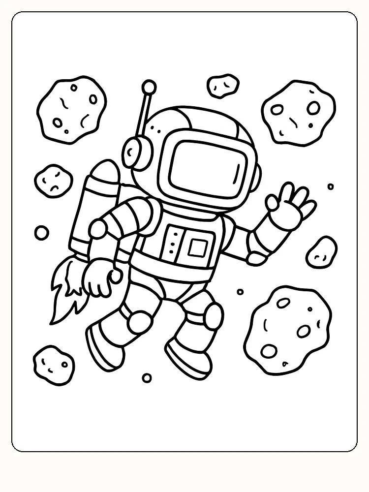 Tegning til farvelægning af en astronaut, der svæver blandt asteroider, klar til print