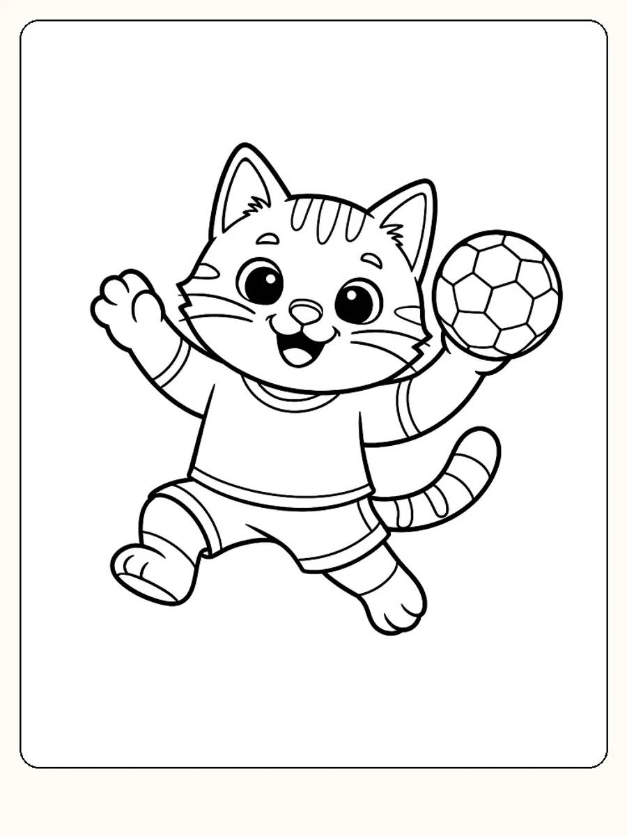 Fargeleggingstegning av en glad katt som hopper med en ball, perfekt for utskrift