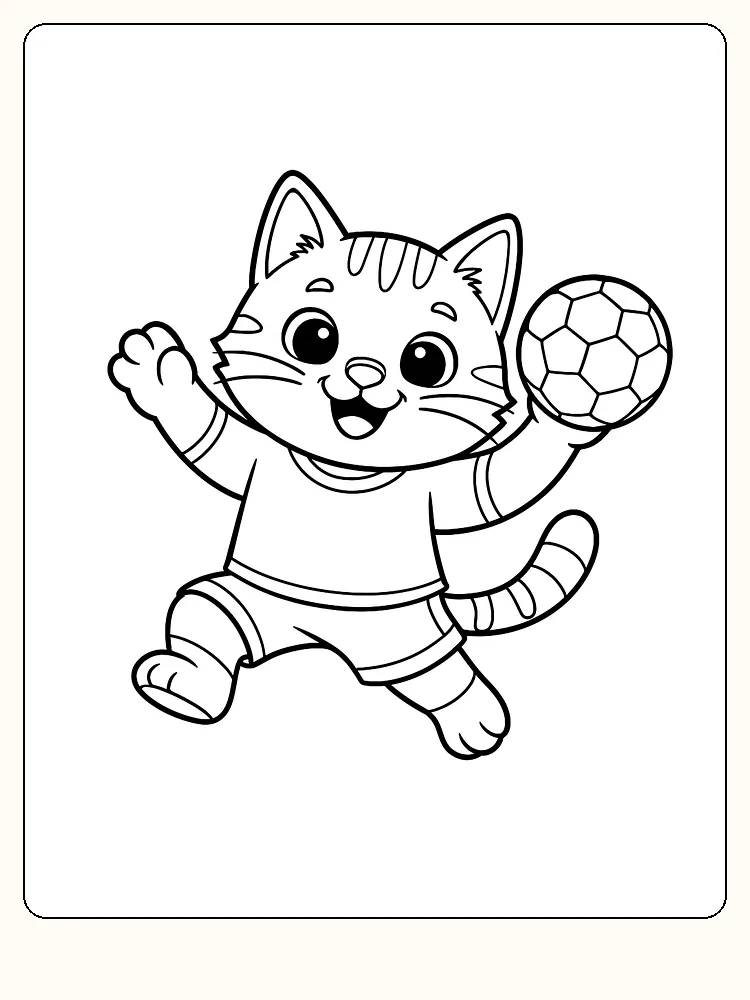 Fargeleggingstegning av en glad katt som hopper med en ball, perfekt for utskrift