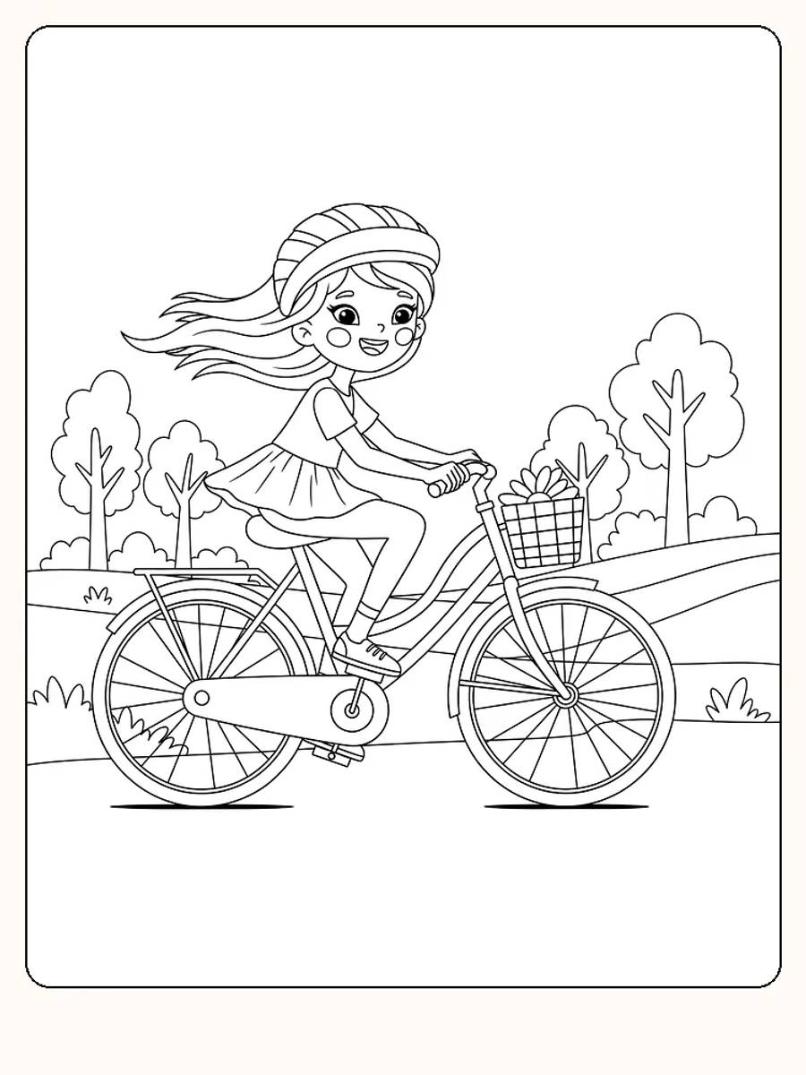 Målarbild av en flicka som cyklar med hjälm i ett landskap