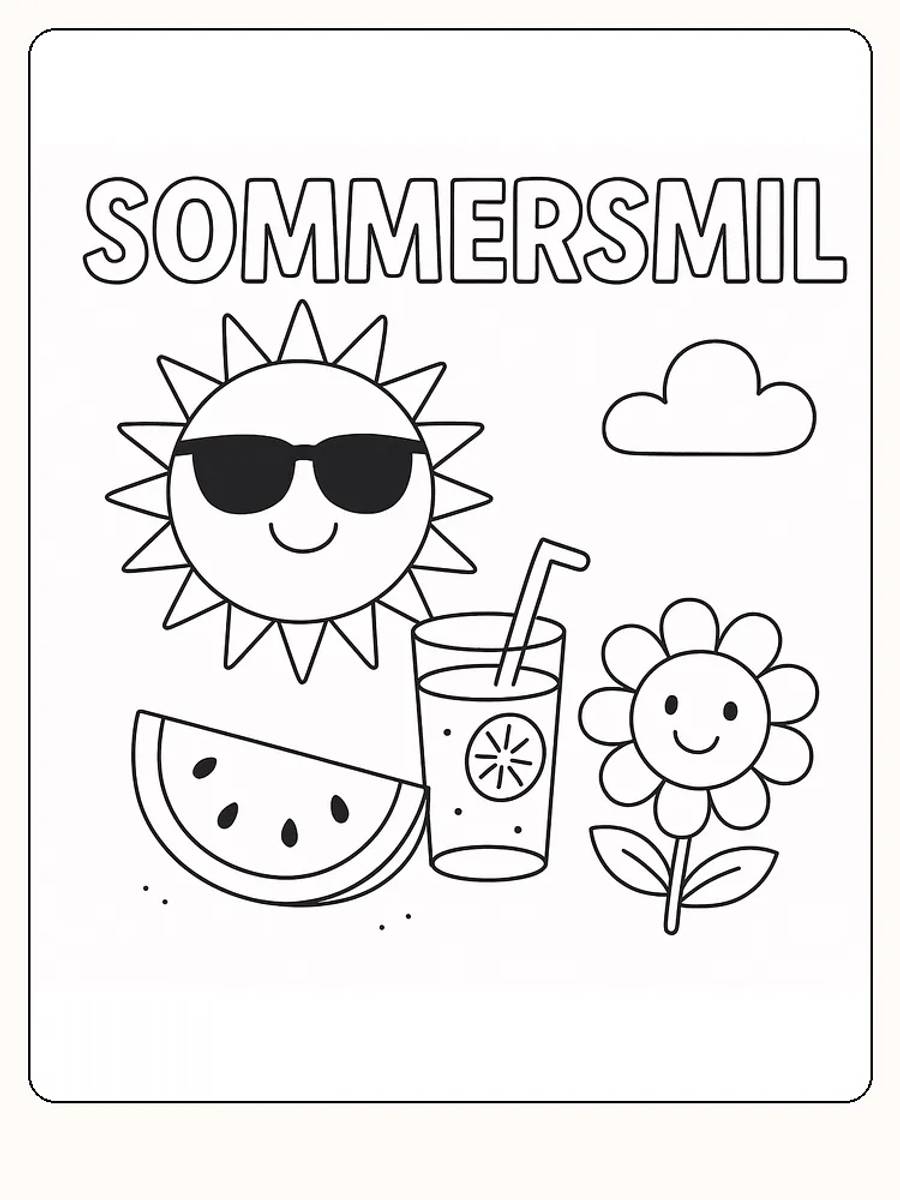 Fargeleggingstegning av smilende sol med solbriller, blomster og sommerdrikke