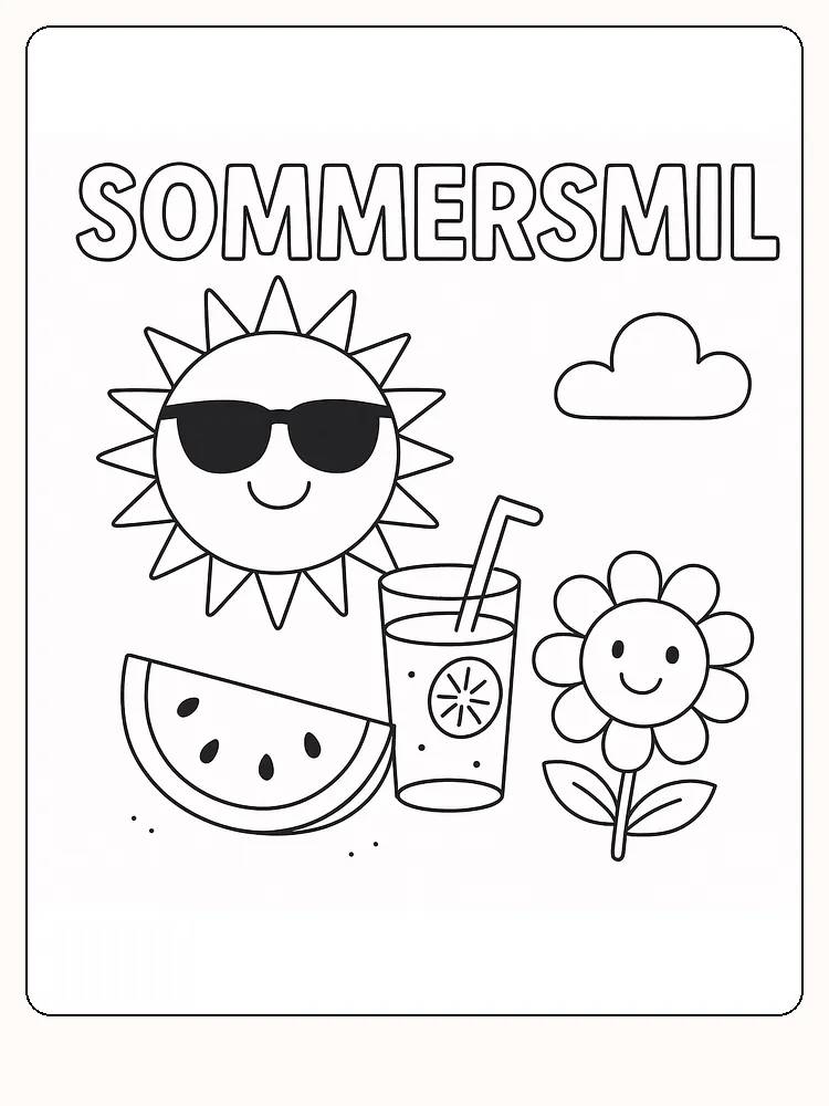 Fargeleggingstegning av smilende sol med solbriller, blomster og sommerdrikke
