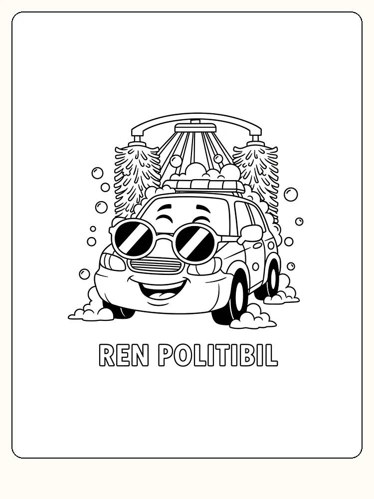 Fargeleggingstegning av en glad politibil i bilvask, klar for utskrift