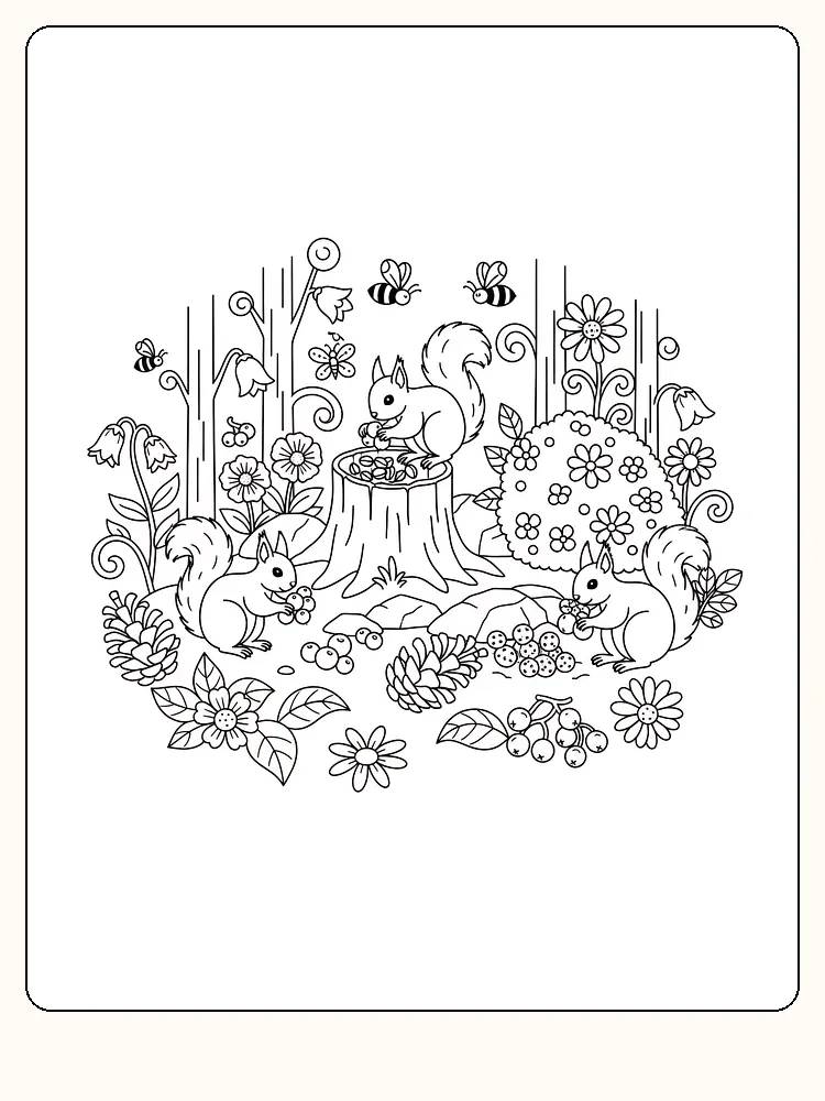 Fargeleggingstegning av ekorn blant blomster og bier, klar for utskrift