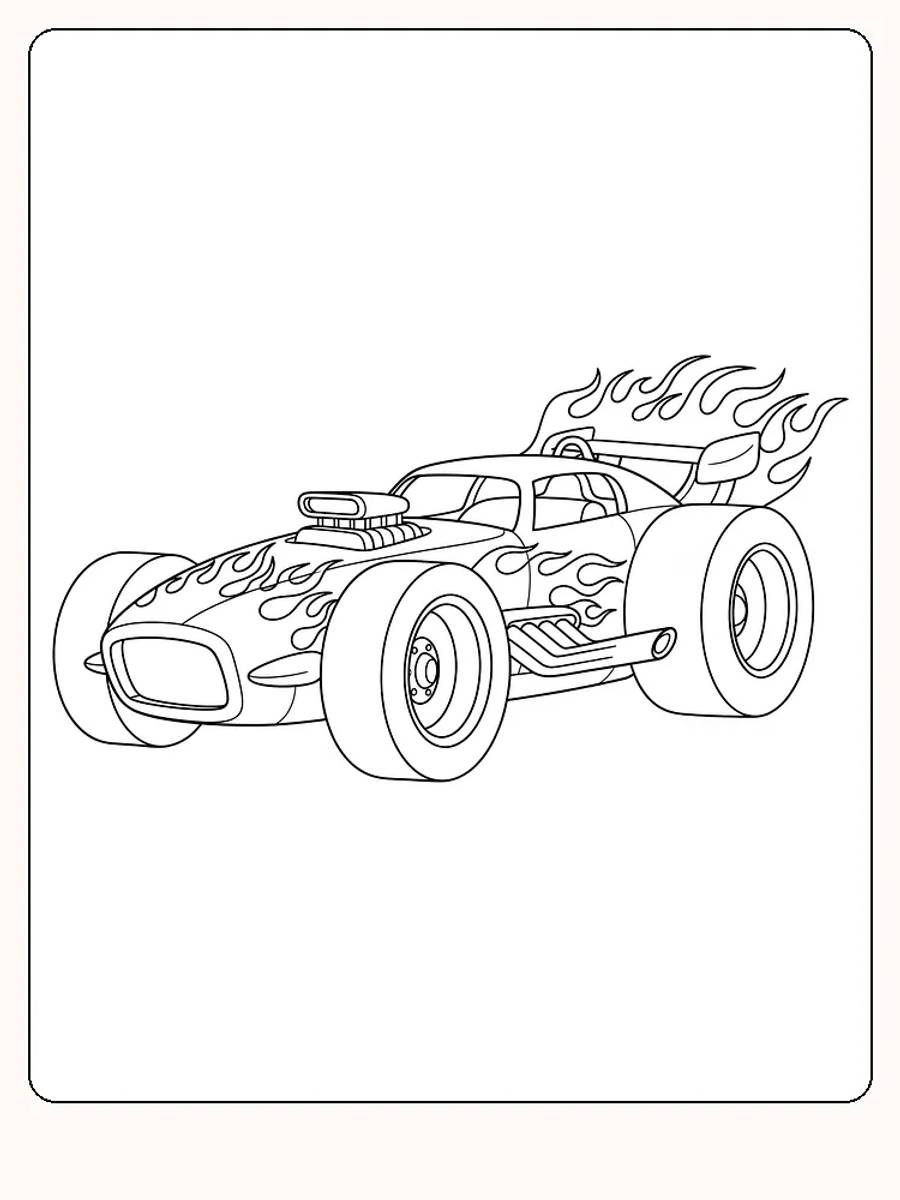 Fargeleggingstegning av en racerbil med flammedesign, klar for utskrift