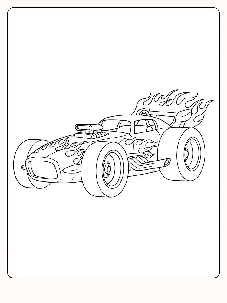 Fargeleggingstegning av en racerbil med flammedesign, klar for utskrift