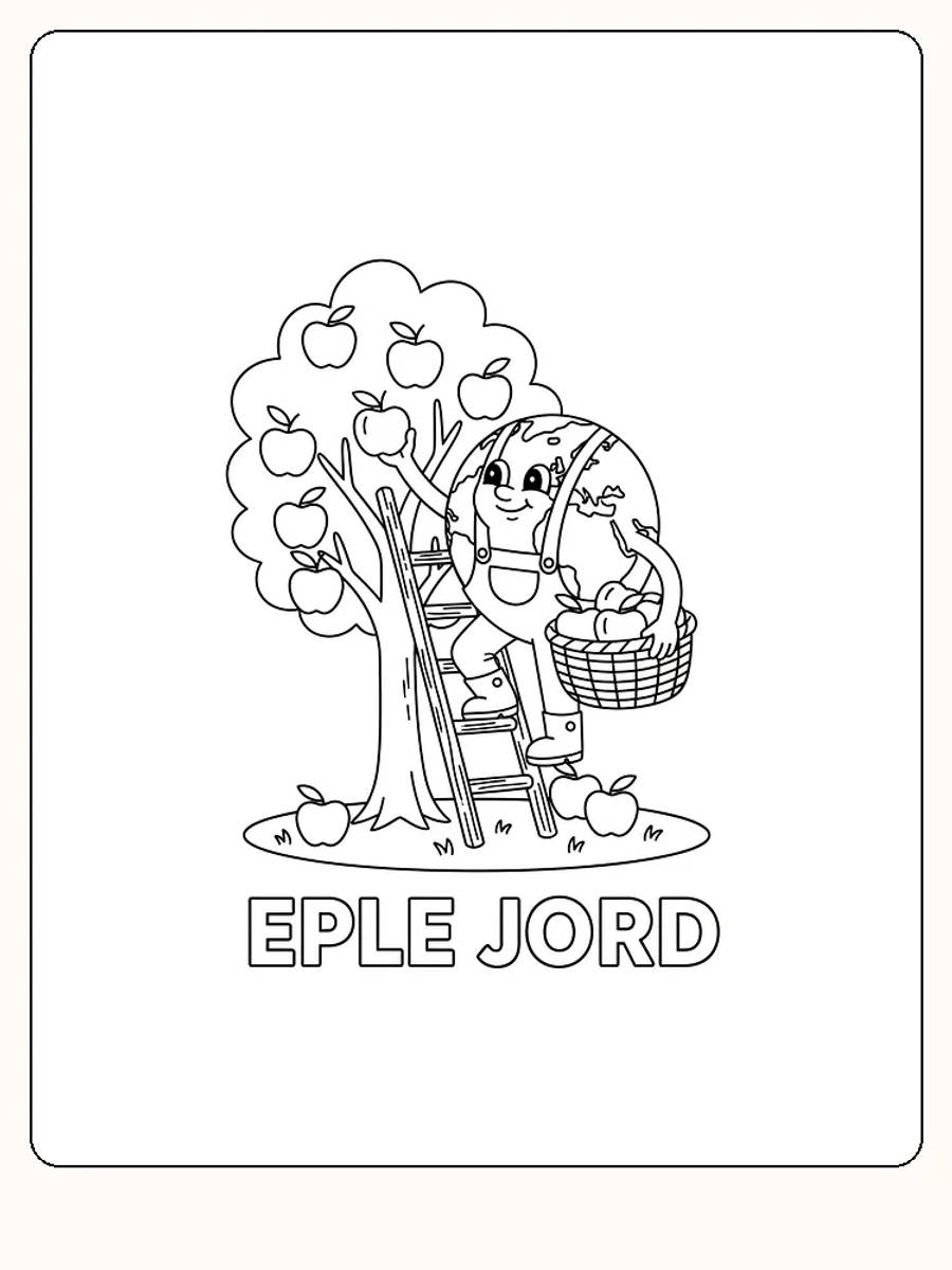 Tegning til farvelægning af en jordklodefigur, der plukker æbler fra et træ