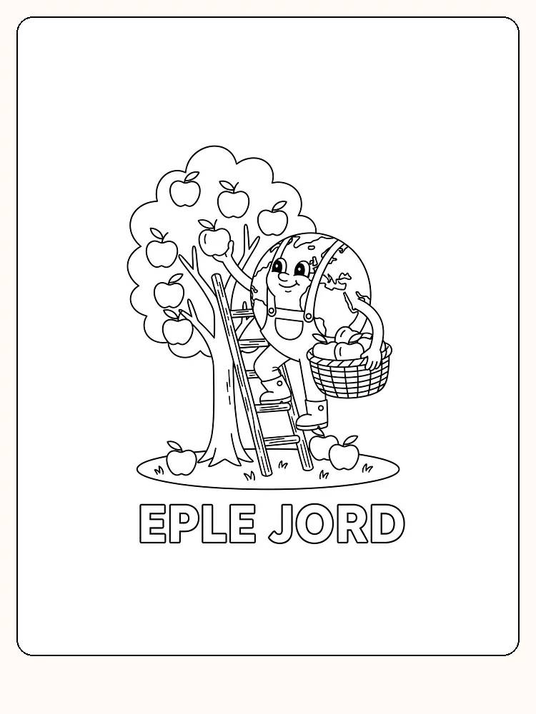 Tegning til farvelægning af en jordklodefigur, der plukker æbler fra et træ