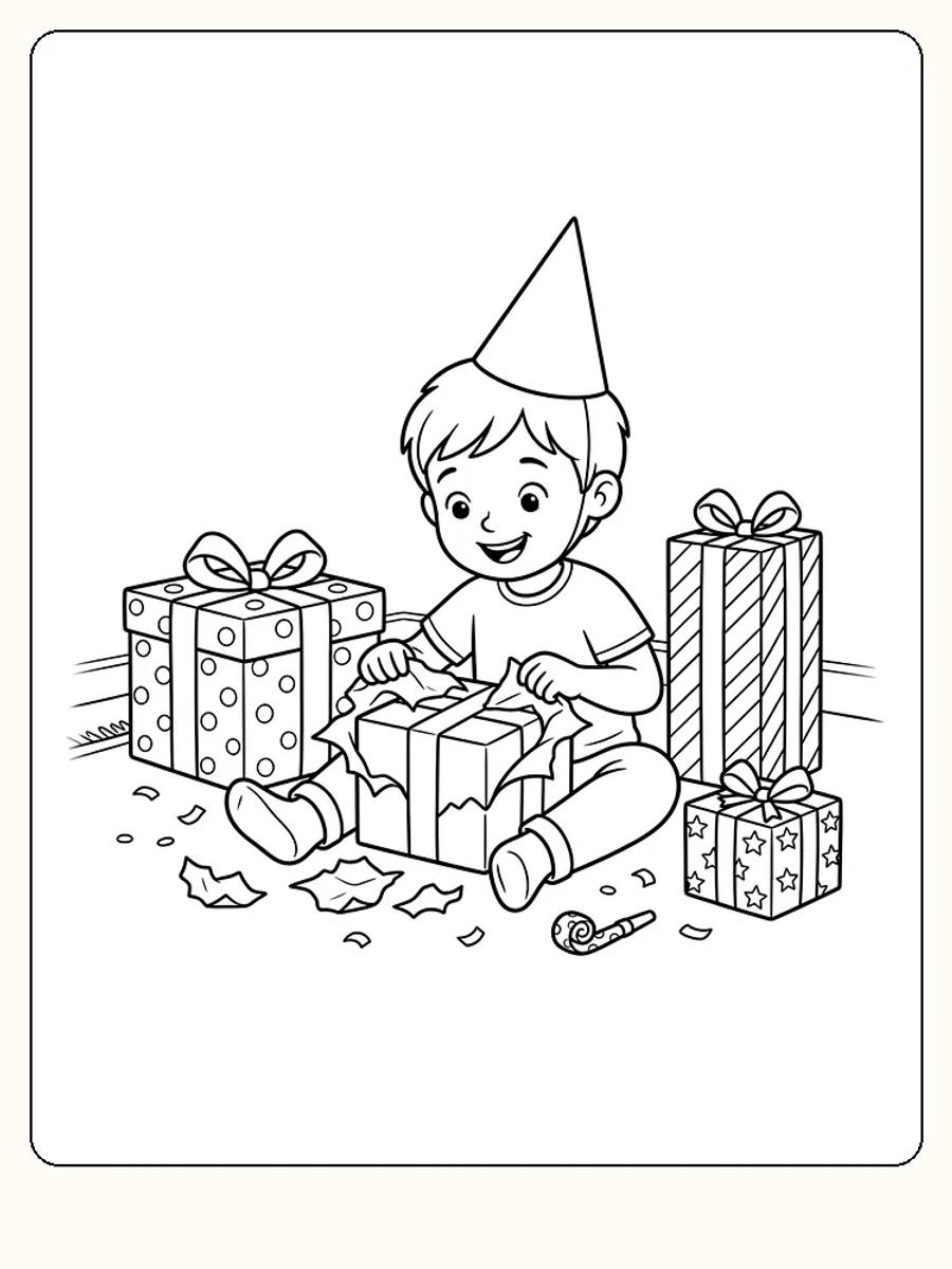 Garçon d'anniversaire coiffé d'un chapeau de fête pointu, assis par terre, qui déchire le papier d'un cadeau, entouré de trois cadeaux, de confettis et d'une langue de belle-mère
