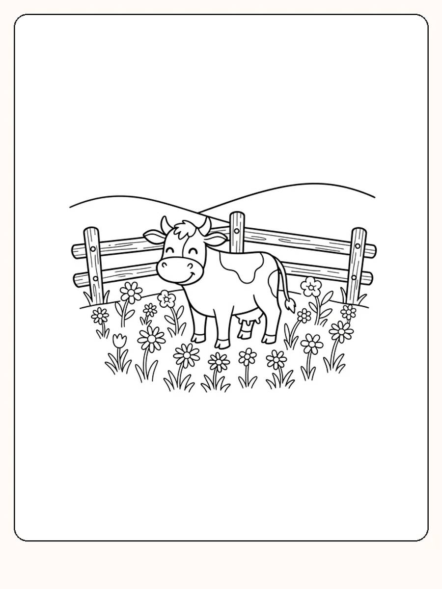 Fargeleggingstegning av ku på en eng med blomster og gjerde, klar for utskrift