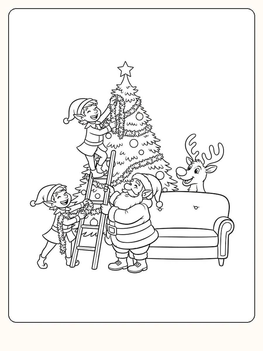 Fargeleggingstegning av julenisse med hjelpere som pynter et juletre, for utskrift