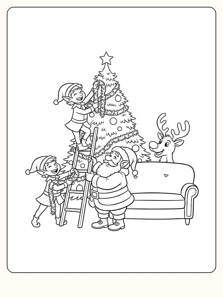 Fargeleggingstegning av julenisse med hjelpere som pynter et juletre, for utskrift