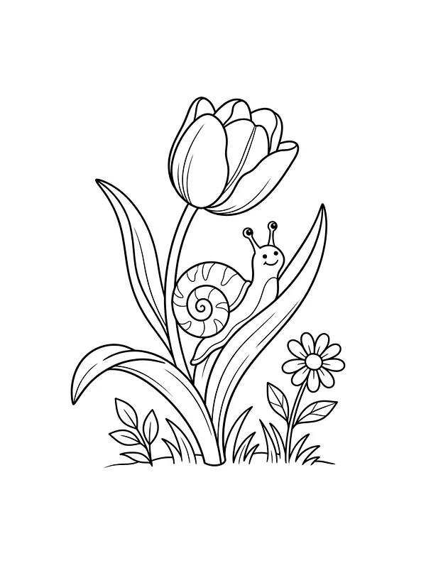 Snegle på tulipanblad ved en blomst
