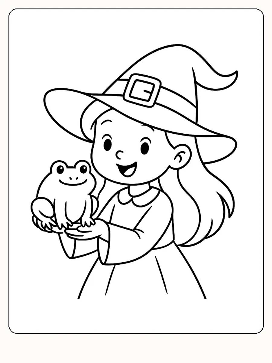 Ausmalbild einer Hexe mit einem Frosch in der Hand und einem großen Hut, bereit zum Ausdrucken.