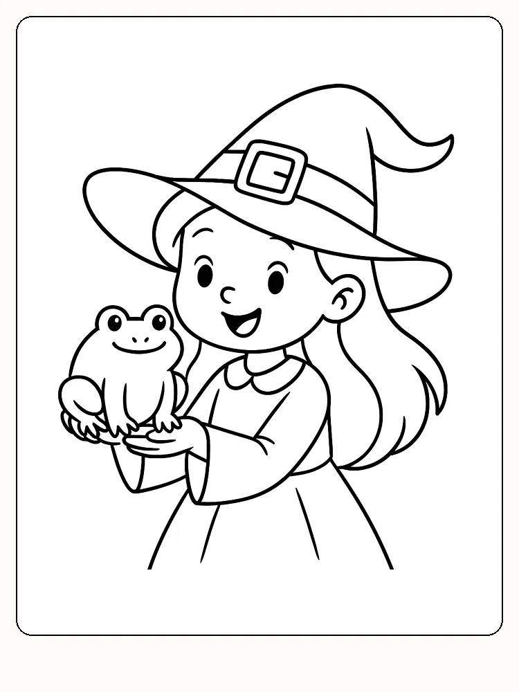 Ausmalbild einer Hexe mit einem Frosch in der Hand und einem großen Hut, bereit zum Ausdrucken.