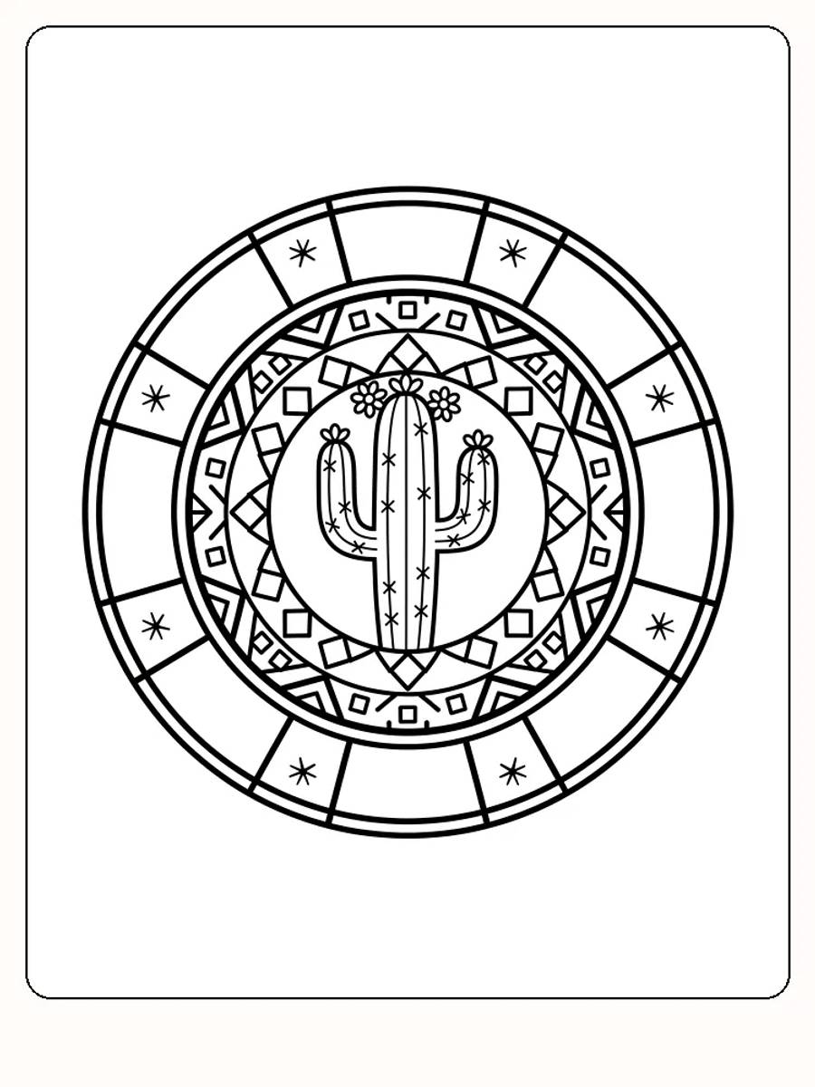 Ausmalbild einer Kaktus im detaillierten Mandala-Design, bereit zum Ausdrucken