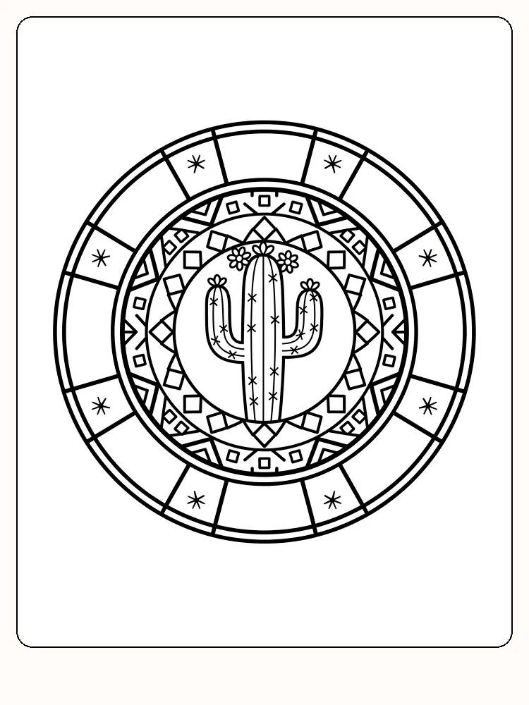 Ausmalbild einer Kaktus im detaillierten Mandala-Design, bereit zum Ausdrucken