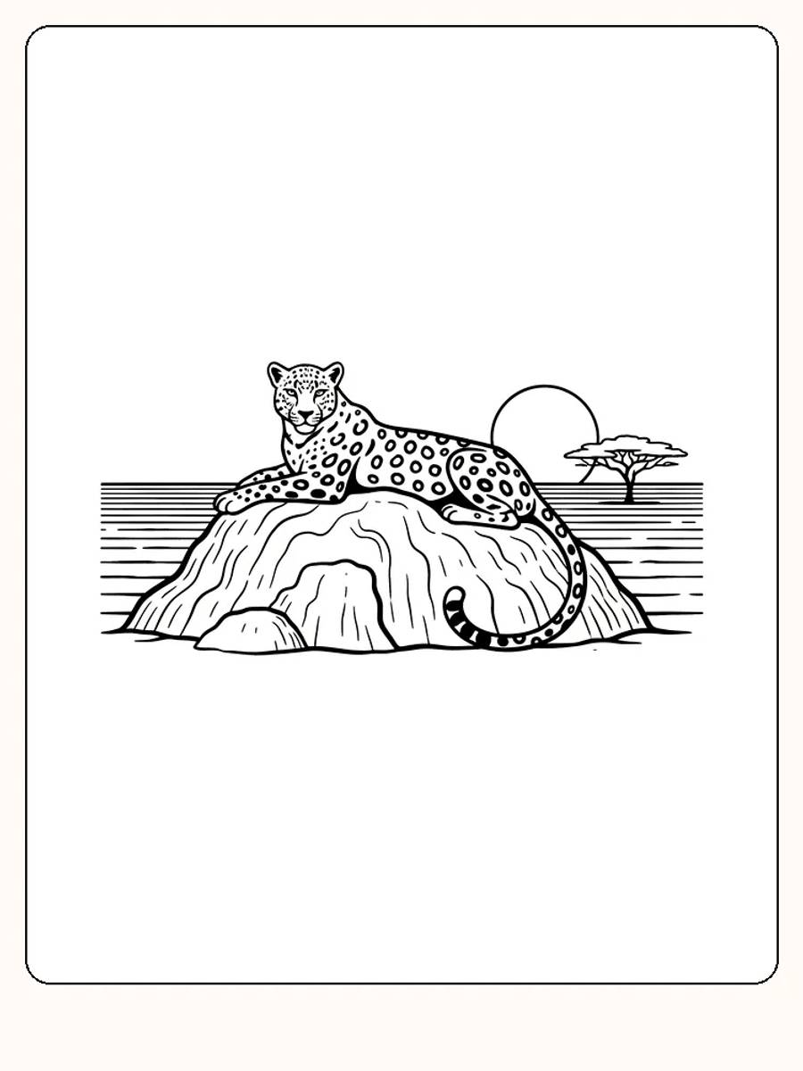 Fargelegging av en leopard som ligger avslappet på en klippe med solnedgang i bakgrunnen