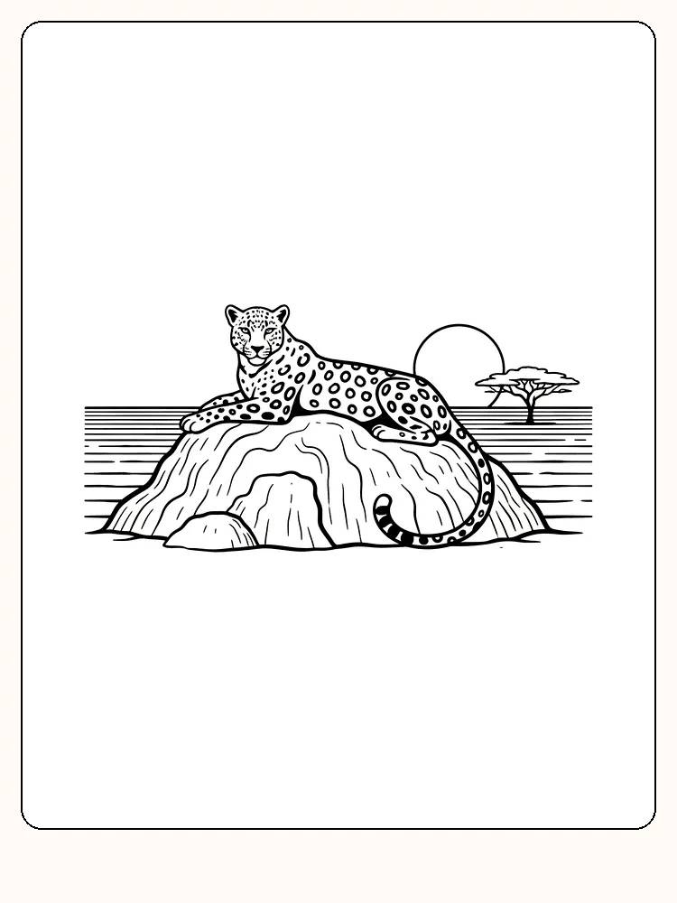 Fargelegging av en leopard som ligger avslappet på en klippe med solnedgang i bakgrunnen